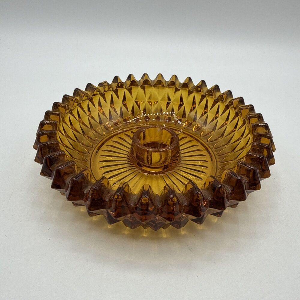 Vintage Indiana Glass Amber Taper Candle Holder Diamond Point Glass 5.25”